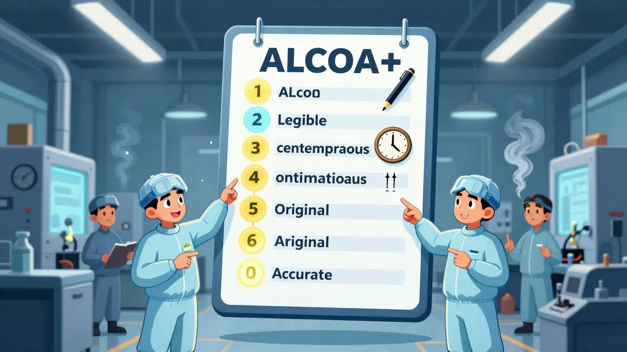 Modern manufacturing floor with glowing ALCOA+ principles guiding workers through quality documentation.