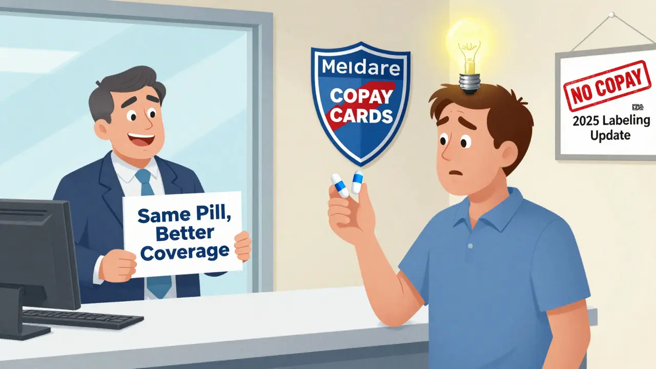 Patient holding brand and authorized generic pills, with a drug executive watching and a Medicare sign saying 'No Copay Cards'.