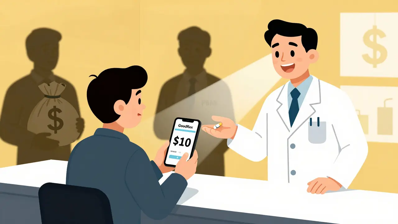 Patient receives low-cost generic pill at pharmacy while shadowy PBM figures loom in background.