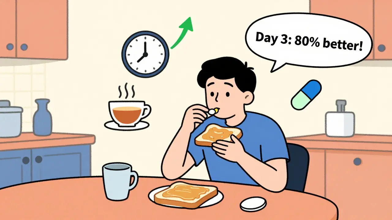 Person eating toast with pill, clock and ginger tea symbolizing nausea improvement.