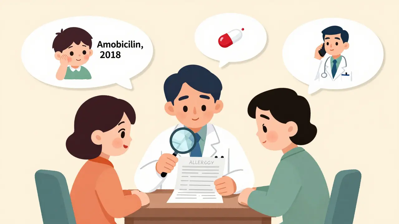 Pharmacist and patient examining allergy record with thought bubbles showing drug reactions and ingredients