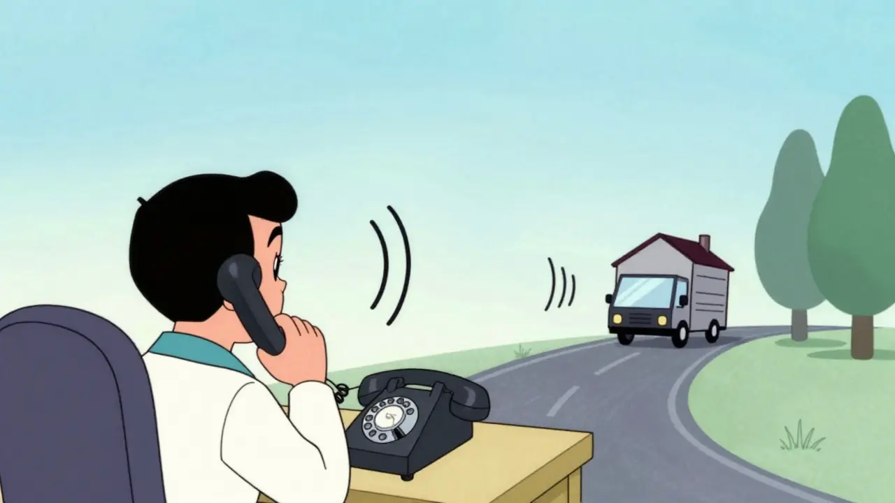 Retro phone connecting to a delivery truck driving toward a house.