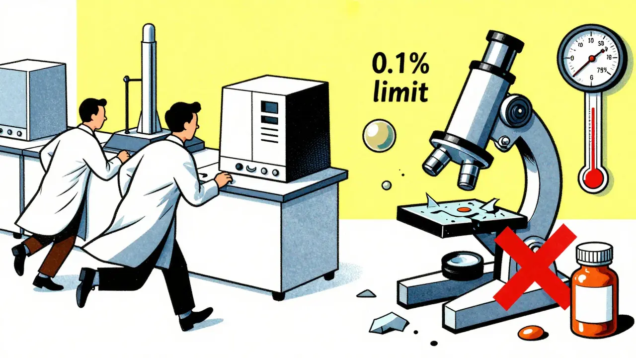 Scientists using HPLC machines while a tablet degrades under a microscope, with heat and humidity gauges in bold cartoon style.