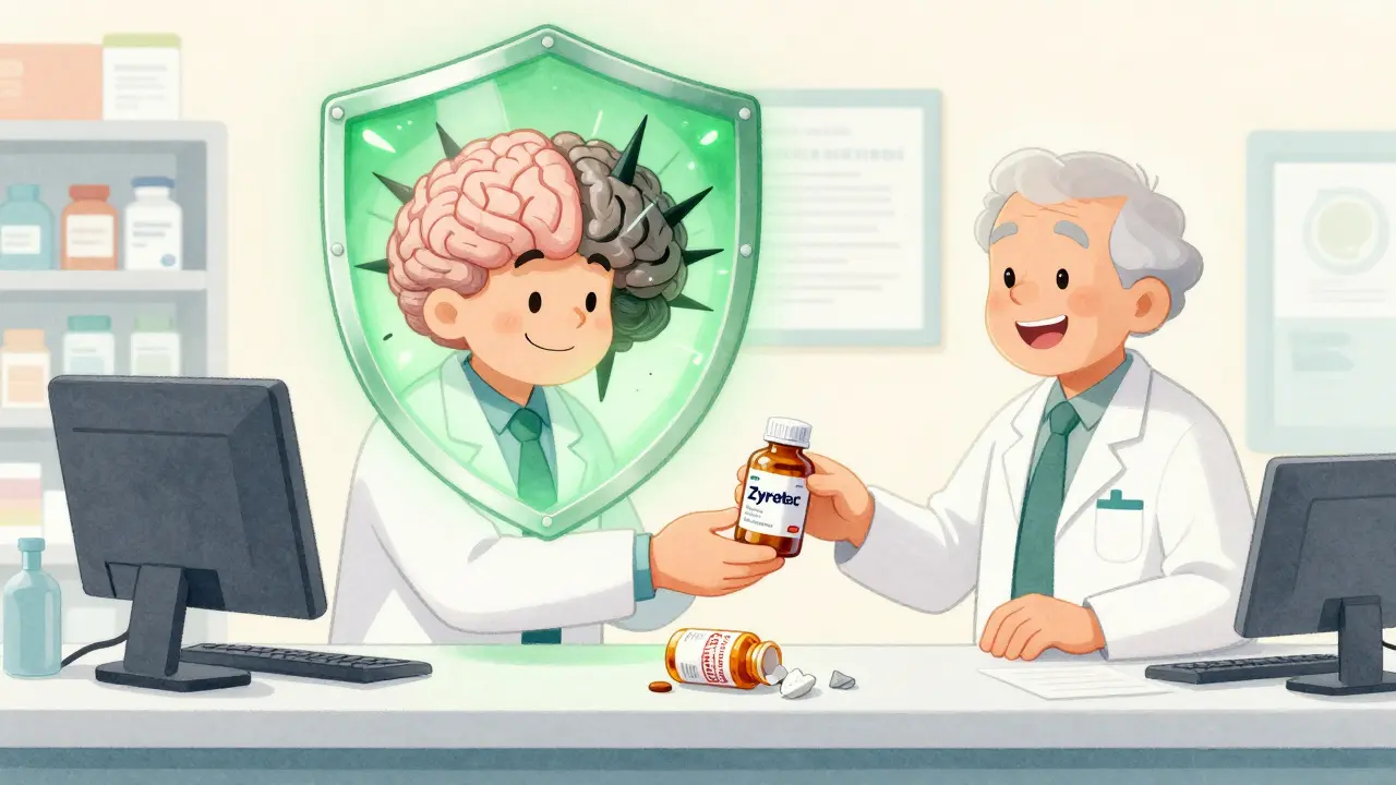 Senior receiving Zyrtec at pharmacy while discarded Benadryl bottles lie crushed nearby.