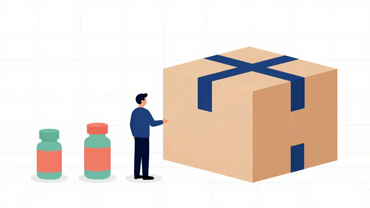 Stylized comparison of multiple small bottles versus one large medicine box.