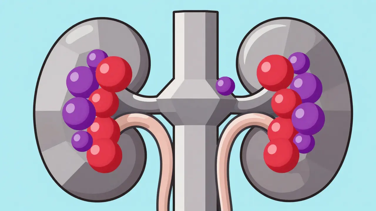 Stylized kidney filters blocked by colorful mineral spheres