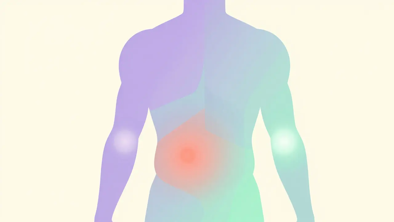 Abstract human figure showing relief from joint and abdominal inflammation in UPA style.