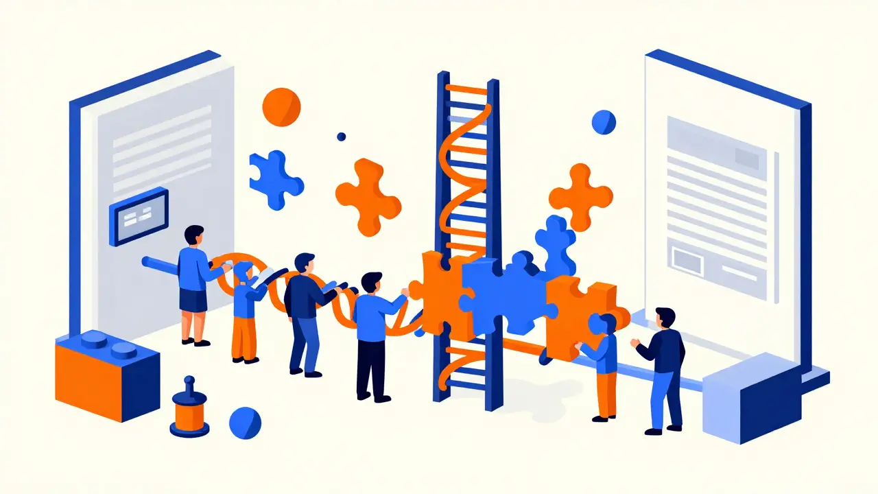 Abstract illustration of medicine blocking the growth of immune cells in a factory-like cell.