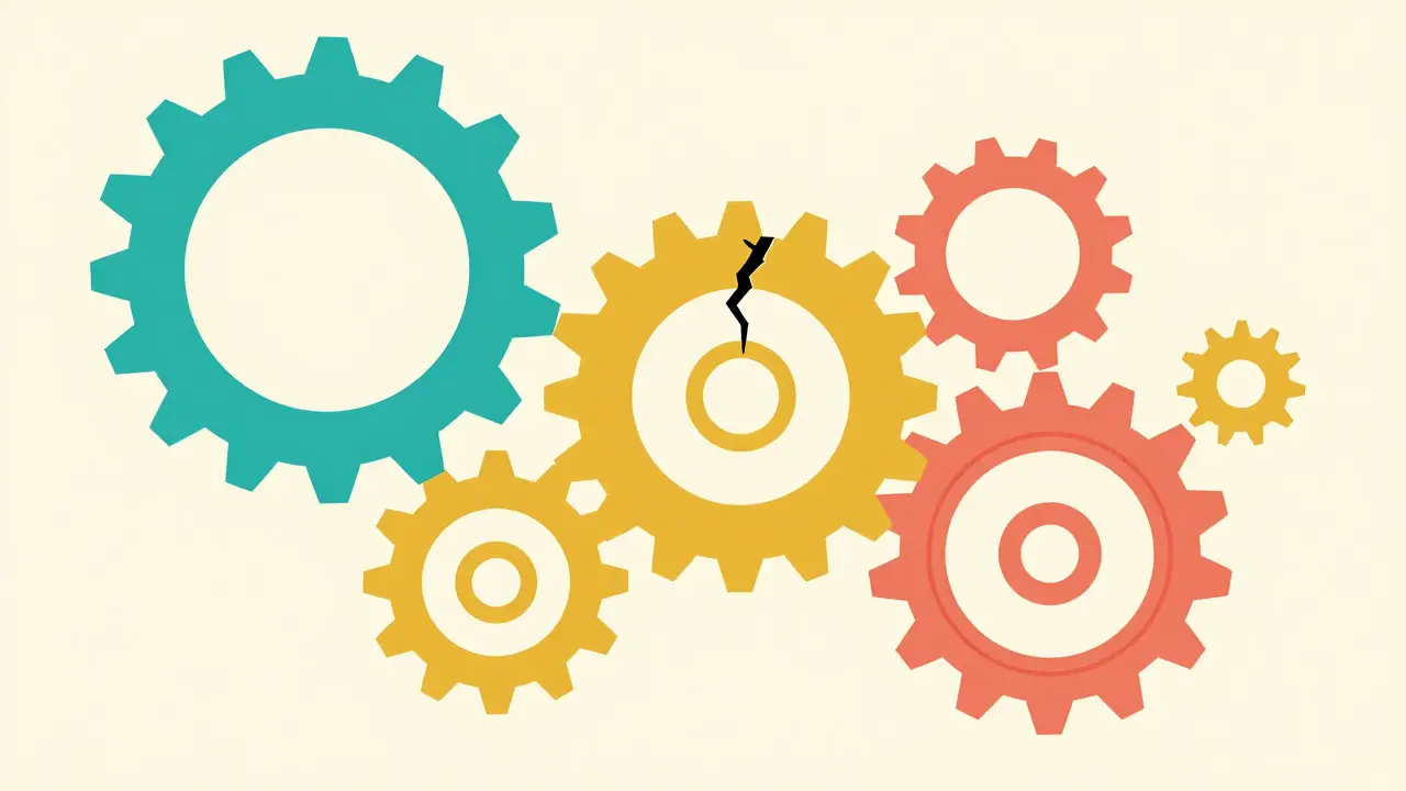 Abstract UPA style illustration of interlocking gears representing a disrupted global supply chain.