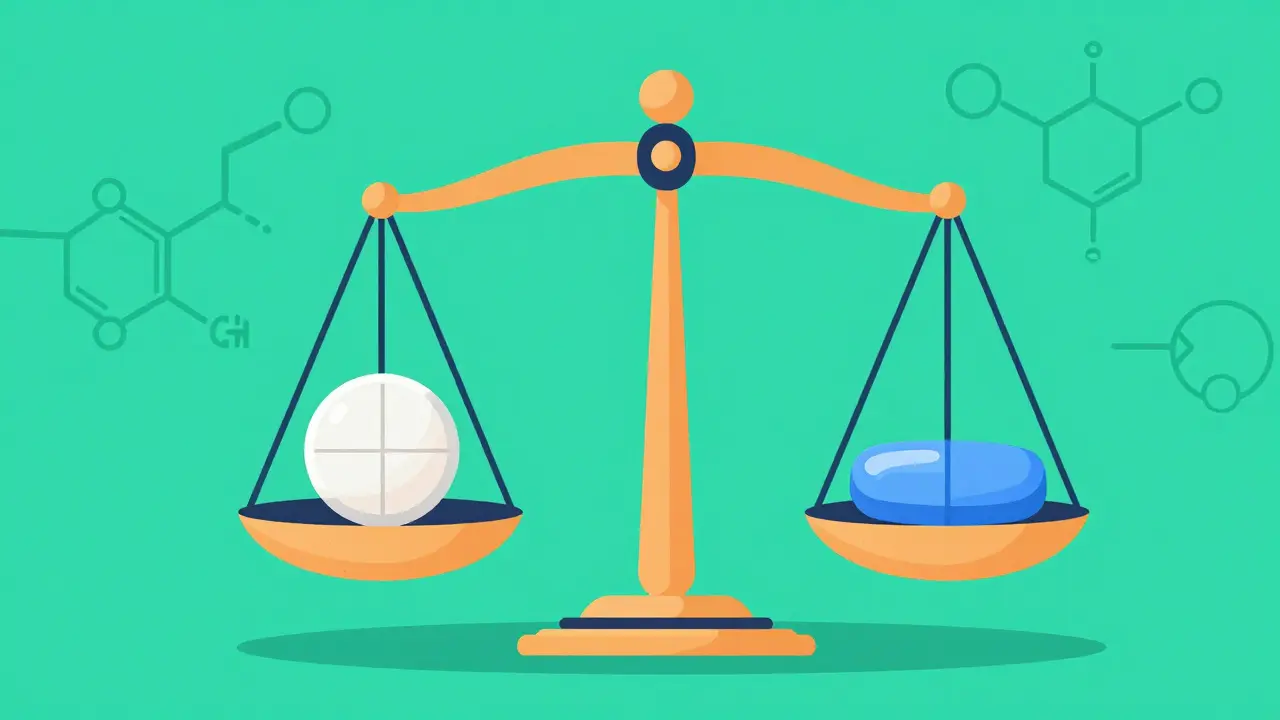 Balanced scale with a white pill and a blue pill symbolizing therapeutic equivalence in UPA style