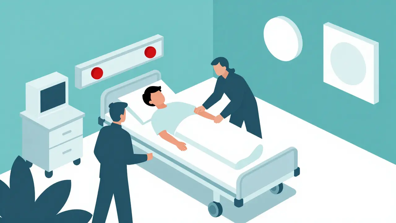 Cartoon hospital scene showing emergency medical care.