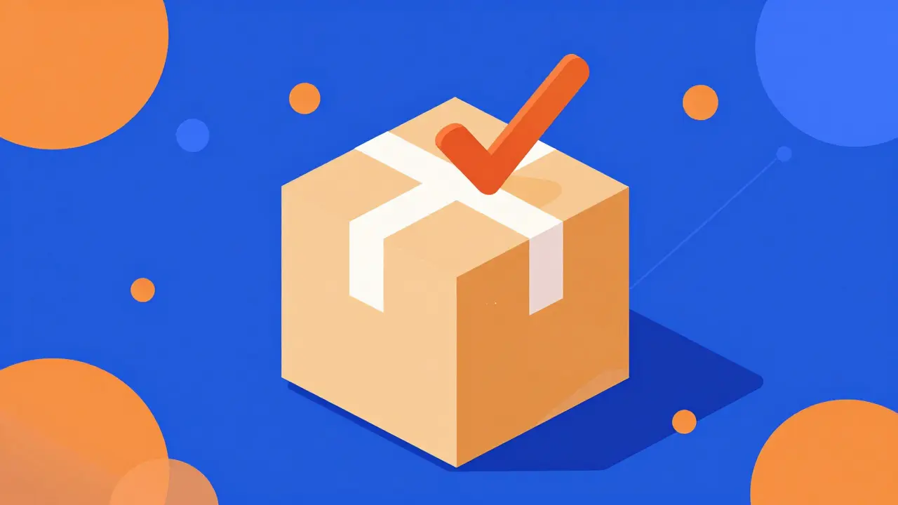 Geometric illustration of a verified medication package with digital connection symbols.