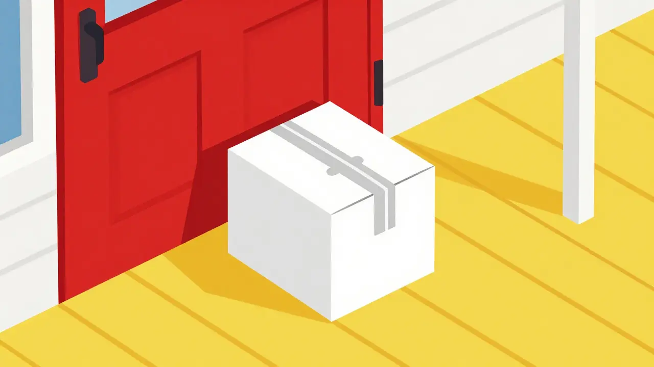 Minimalist illustration of a medical package delivered to a modern home doorstep.