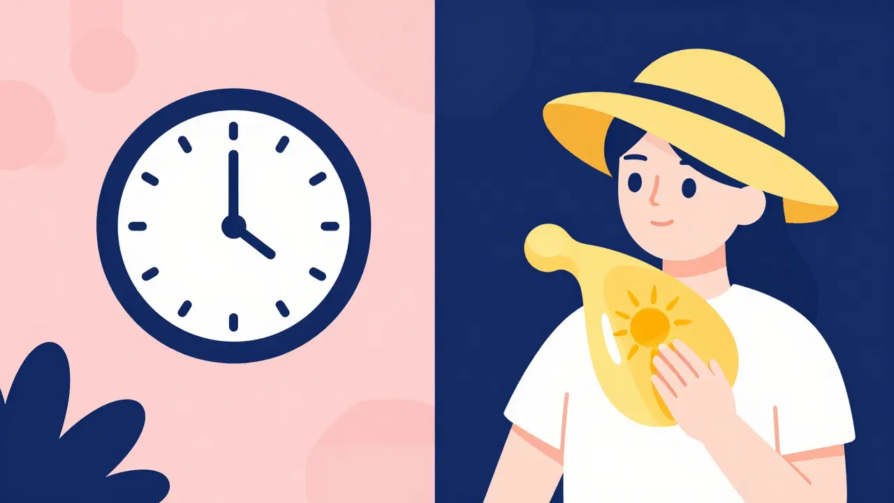 Minimalist scene showing a clock for medication timing and a person using sun protection.