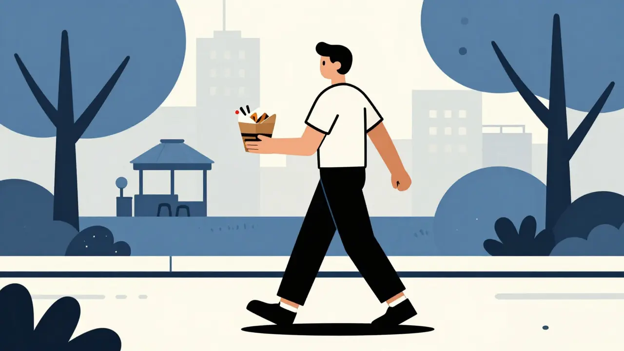 Person walking in a park carrying a to-go box with leftovers