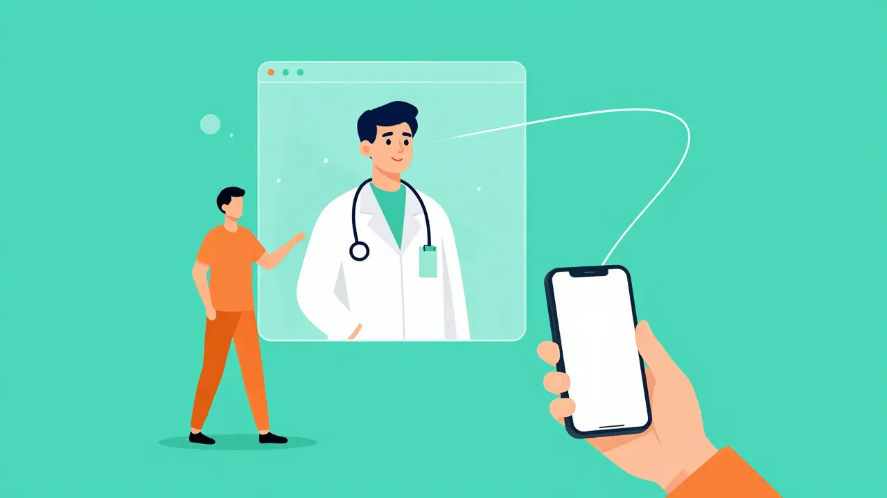 Stylized illustration of a patient consulting a doctor via a digital screen.