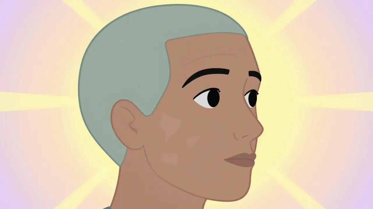 Survivor with healed scars looking hopeful in illustration.