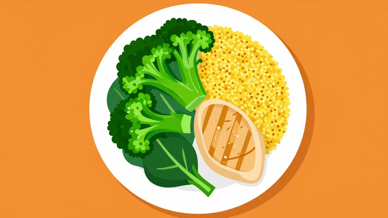Top-down view of a balanced plate with vegetables, protein, and carbs