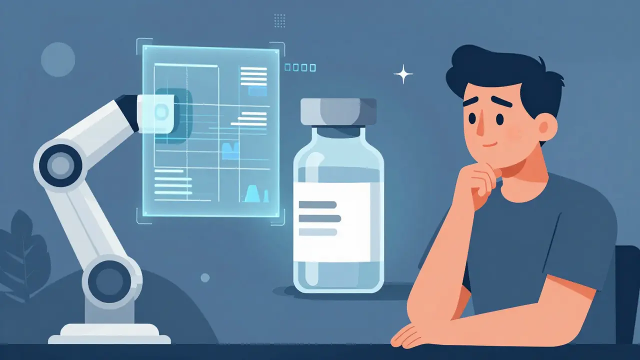 UPA style illustration of a human operator and a robotic arm analyzing a medicine vial together.
